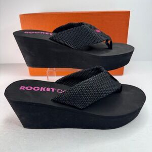 Rocket Dog Diver Webbing Black Platform Wedge Flip Flops Sandals Womens 10 M